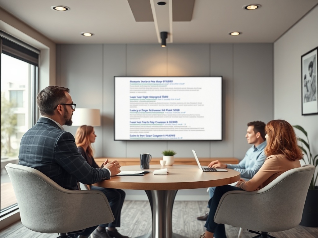 Четыре человека обсуждают информацию на экране в современном конференц-зале.