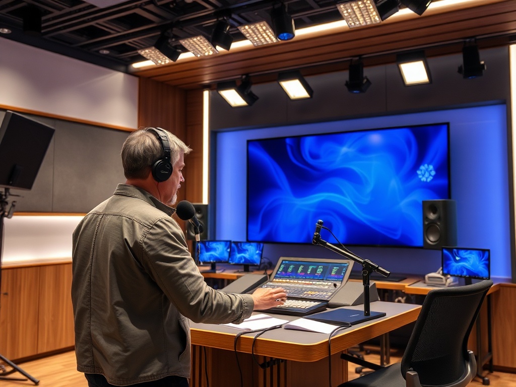 Мужчина в наушниках управляет оборудованием в современном студийном помещении с экранами и микрофоном.