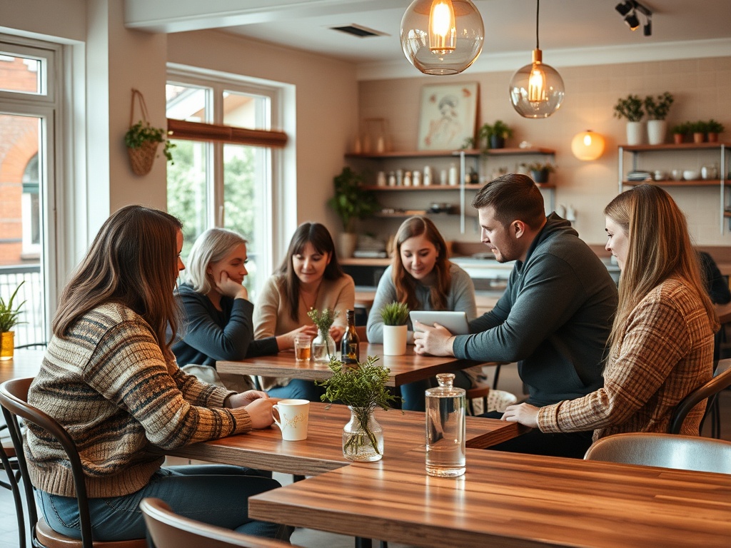 Группа людей обсуждает что-то за столом в уютном кафе, вокруг растений и мягкого света.