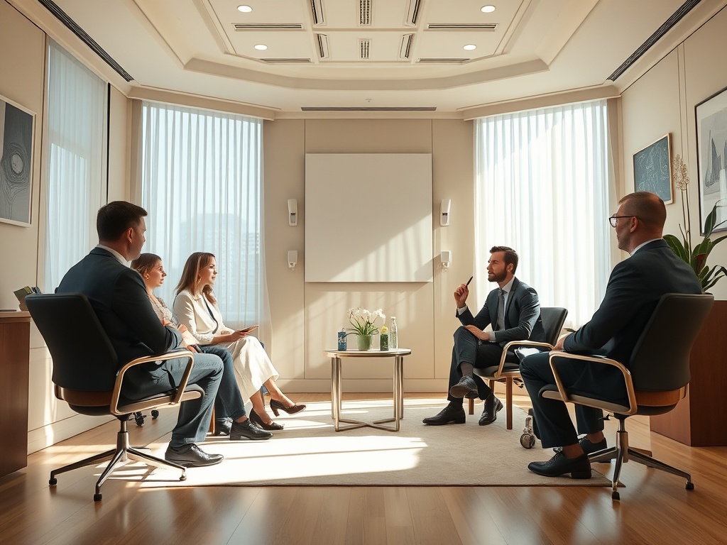 Группа людей в деловой обстановке обсуждает идеи в светлом офисе с большими окнами.