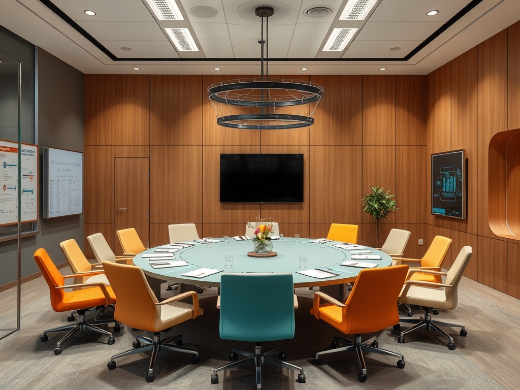 Современный конференц-зал с круглым столом и яркими стульями, стенами из дерева и экраном для презентаций.
