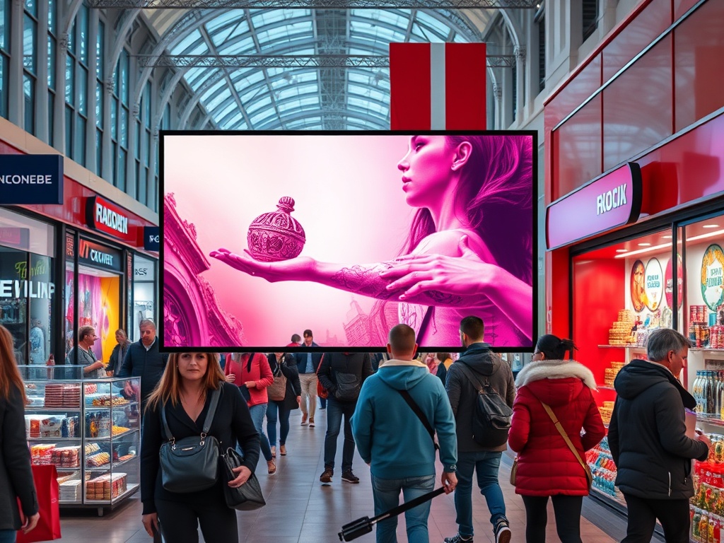 Люди идут по торговому центру, в центре экрана изображение девушки с вазой на ладони.