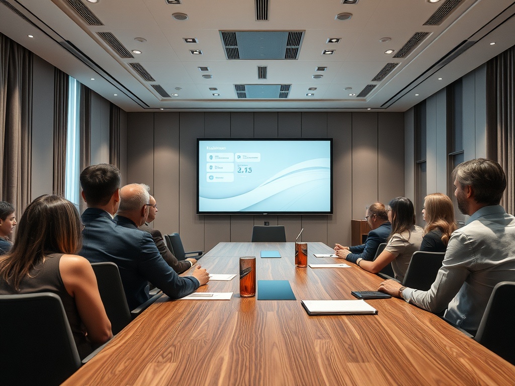 В конференц-зале группа людей слушает презентацию с проектором на экран.