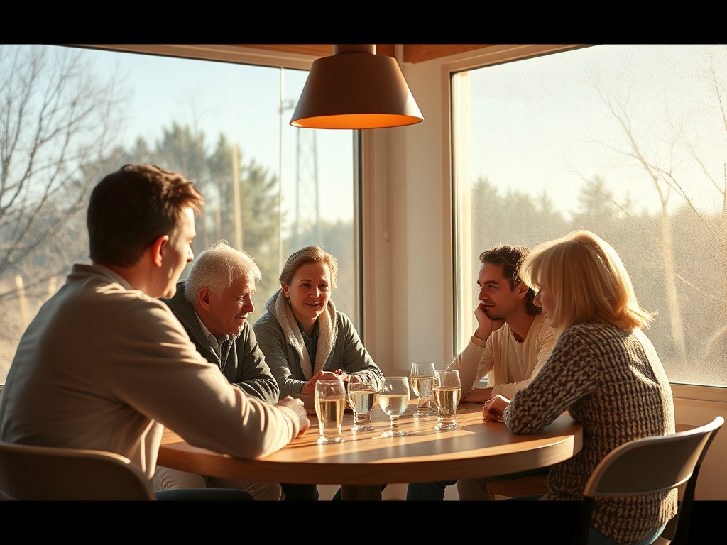 Группа людей обсуждает что-то за столом, с бокалами у окна, освещённого солнечным светом.