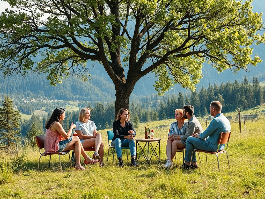 Шестеро друзей сидят на траве под деревом, наслаждаясь общением и природой в горах.