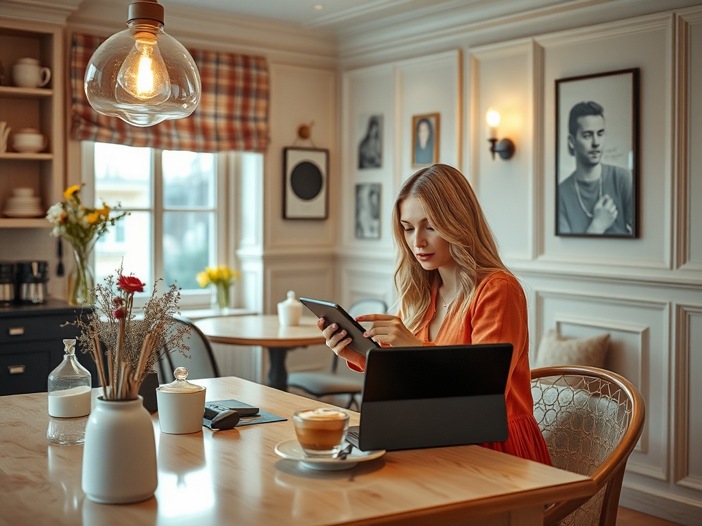 Молодая женщина в оранжевом свитере сидит за столом, используя планшет в уютной обстановке.