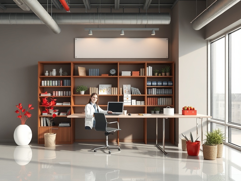 Современный офис с деревянной мебелью, рабочим столом и женщиной за компьютером. Живые растения и книги вокруг.