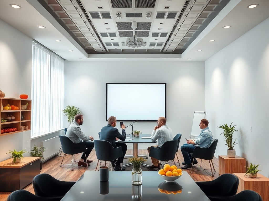 В современном офисе группа сотрудников ведет обсуждение, сидя вокруг стола в переговорной комнате.